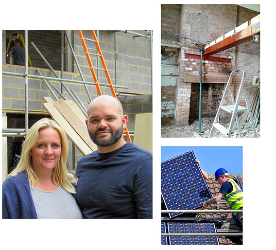Three images; Ecology customers Daryl and Hannah during their build, the inside of a typical renovation and the installation of solar panels.
